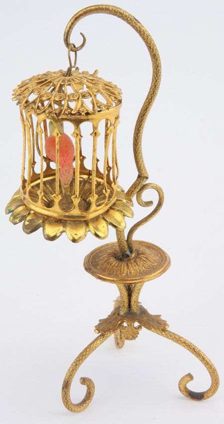 Erhard & Sohne Bird Cage with Stand: ormolu stand with wax parrot in circular cage 5.25" t.
