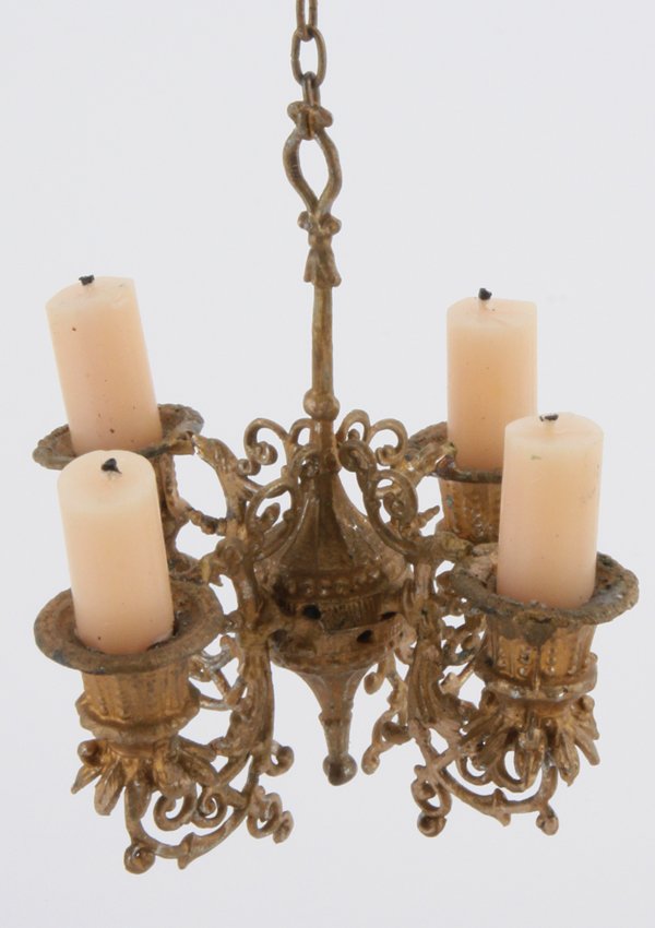 Dragon Head Candolier: German, late 1800's, gilt soft metal 4 arm chandelier with dragon heads gripping edge of candle cups 3" w. x 3.25" t. (not including chain)