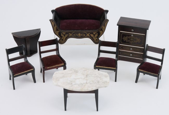 Waltershausen Parlor Suite in Purple Velvet: German, mid 19th century, smaller scale parlor grouping with sofa and 4 chairs upholstered in rich purple velvet with gilt paper edging, fall front desk with 3 drawers, marble top table and hall table
