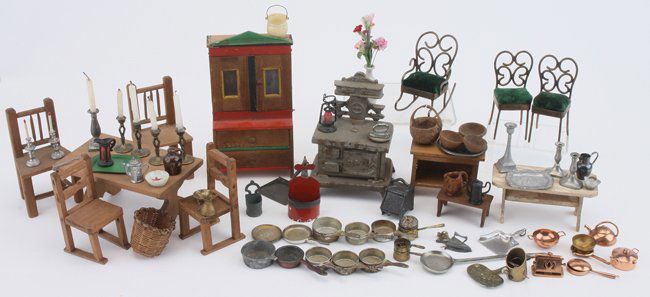 Dolls' House Kitchen Furniture & Accessories: various makers, mostly mid 19th century to early 20th, includes early circa 1830's Rau stained wood cupboard, 4 wood chairs, benches and table, 3 brass chairs and rocker, cast iron ÒBaby stove and nu