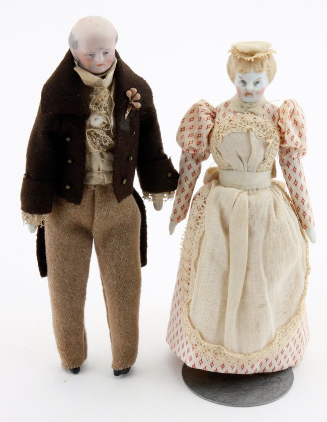 Gentleman & Housekeeper Dolls: bisque shoulder head dolls with bisque lower arms and legs, an unusual Simon & Halbig balding gent and a French housekeeper, both in very nice original clothing 5.25" t. and 5.75" t.