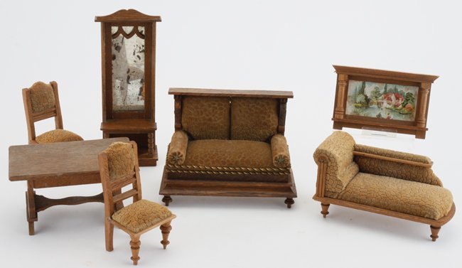 Victorian Parlor Suite with Chaise: circa 1870's, German, wood suite upholstered in sculpted velvet, sofa, table, 2 side chairs, chaise lounge, hall mirror and a framed lithographed scenic image sofa 5.75" w. x 4.25" t.