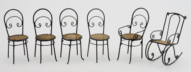 Six Marklin Chairs: painted tin with faux caned seats - rocking chair and 5 cafe chairs 4" t. each