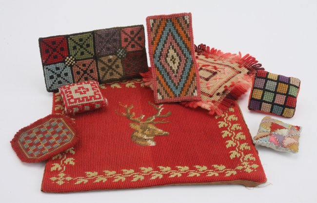 Dolls' House Needlepoint Carpets & Pillows: included are 4 needlepoint carpets, a crewel work throw and 3 pincushion pillows largest appr. 8" square