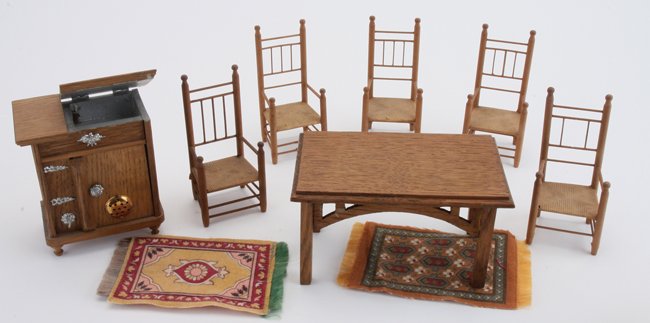 John Carver Chairs, Table & Ice Chest: included are 5 wood facsimiles of chairs brought over by John Carver on the Mayflower by F. W. Baxter Mfg., all with paper labels on underside (1 chair with repaired rungs, another missing 2 rungs), a