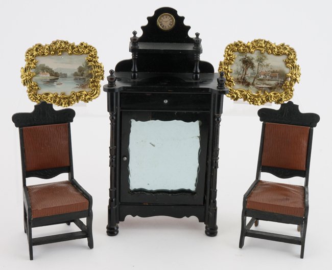 Cabinet with Clock, Chairs & Frames: ebony stained wood cabinet with mirror door and tiered shelving with faux clock, 2 Schneegass pressed wood leatherette side chairs and 2 Erhard & Sohne ormolu frames with scenic images cabinet 4.5" w.