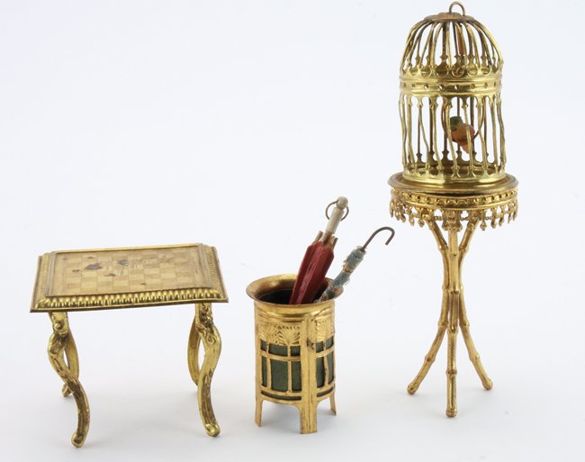Erhard & Sohne Birdcage, Table, etc.: ormolu dolls' house furnishings include bird cage on faux bamboo stand, umbrella bucket and game table cage on stand 5.75" t.