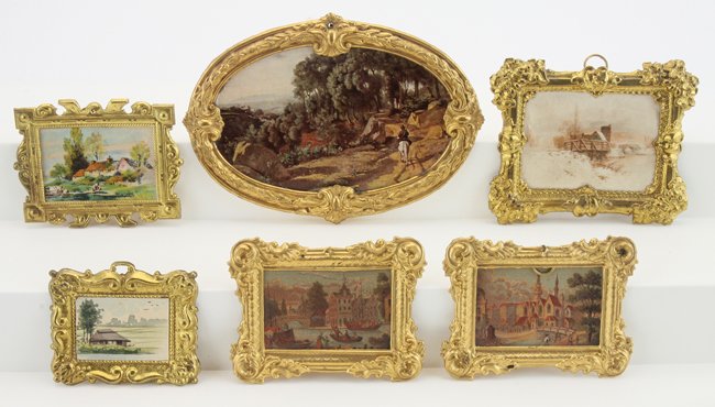 Ormolu & Brass Dolls' House Frames: most by Erhard & Sohne including a large oval (replaced image) and 5 rectangular frames with scenic imagery largest 4.75" x 3.50"