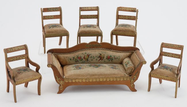 Gerhard Sohlke Parlor Suite: German, circa mid to later 19th century, transfer decorated cotton upholstery with Dresden paper trim and ormolu mounts: sofa, 2 arm chairs and 3 side chairs sofa 7" l.