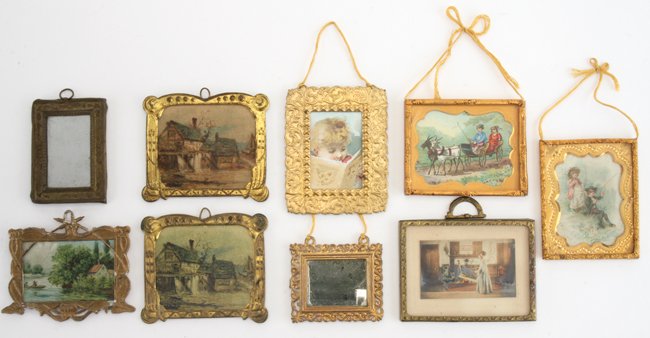 Dolls' House Pictures & Mirrors: 9 gilt and stamped tin framed images and mirrors including a miniature Wallace Nutting type hand colored photo larger 2.75" x 2"