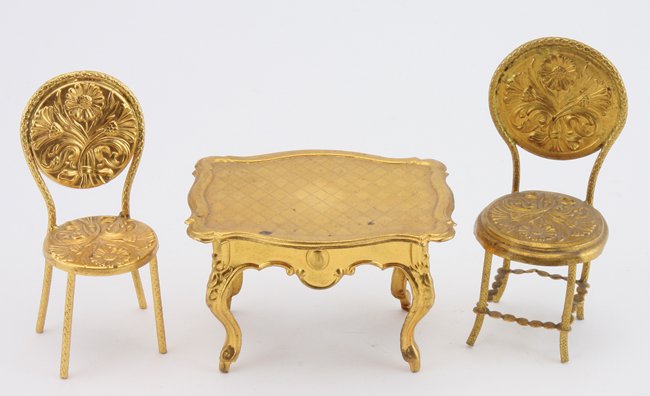 Erhard & Sohne Table & Chairs: ormolu side table and 2 floral pattern side chairs, 1 slightly larger table 2.75" w. x 1.75" t.