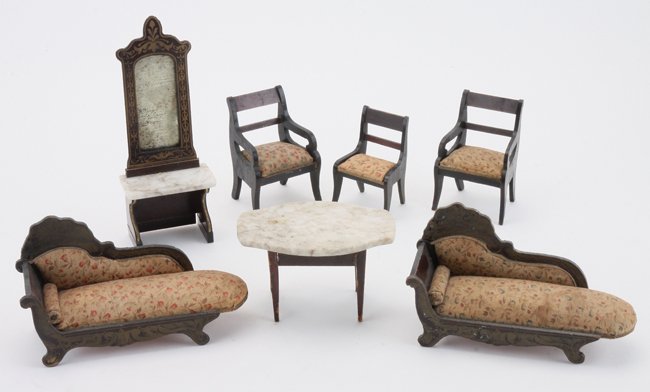 Waltershausen Parlor Grouping: German, faux rosewood stained wood with petit floral print upholstery - 2 divans, 2 arm chairs, side chair, marble top table, and marble top hall mirror divans 5.5" l.
