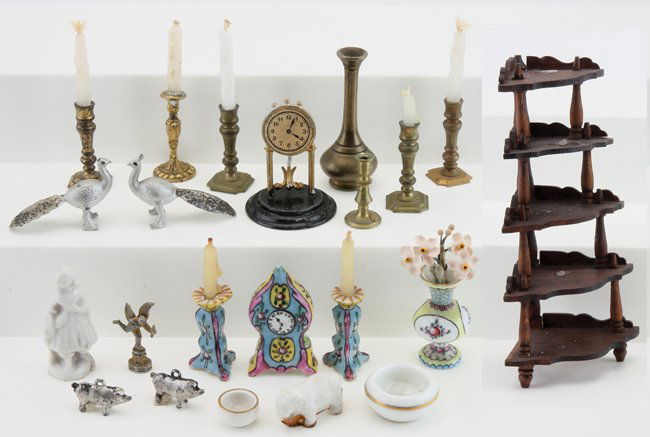 Miniature What Not Shelf with Accessories: stained wood 5 tier corner shelf with 6 brass and gilt candlesticks, painted bisque garniture set, a Limoges bowl, porcelain and brass vases and several other bisque and metal miniature knick-knacks a