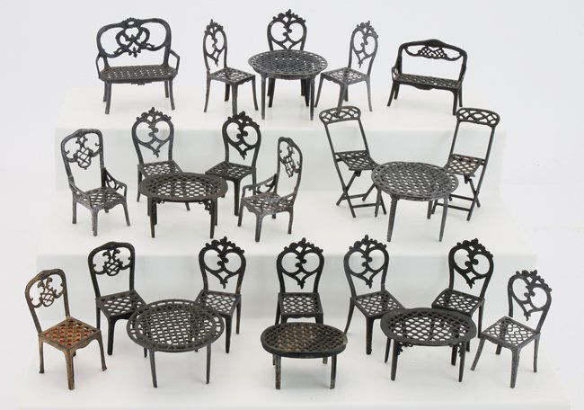 Simon & Rivollet Filigree Furniture: smaller scale soft metal grouping includes 2 settees, 14 side and 2 folding chairs and 6 tables larger tables 2.25" diam. x 1.5" t.