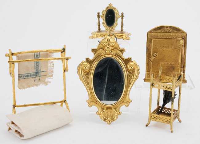 Erhard & Sohne Miniatures: umbrella stand, dresser mirror, towel/quilt rack, ornate wall mirror and medicine cabinet (facade only, no backing) mirror 4.25" x 3"