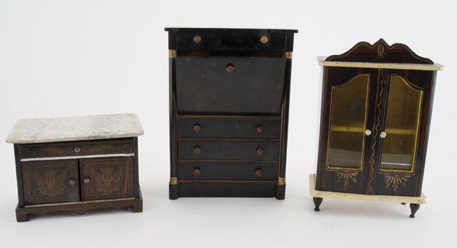 Drop Front Desk, Curio & Wash Stand: larger scale furniture grouping includes Kestner drop front Biedermier desk, glass front curio with deep faux wood graining and gilt stenciling and marble top commode (incomplete, crack to marble, som