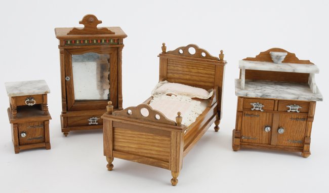 Schneegass Bedroom Suite: circa early 1900's, stained wood with pewter hardware - bed, wardrobe, marble top dresser with tiered shelves and night stand bed 7.75" l. x 5.25" t.