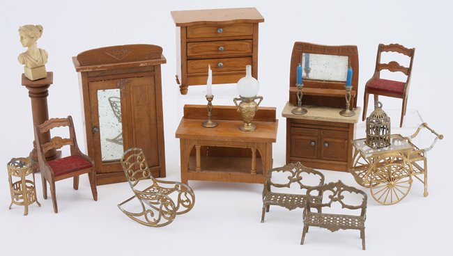 Pressed Wood & Soft Metal Furniture Group: included are several Schneegass smaller scale pressed wood design pieces - table, 3 drawer bureau, dressing stand with mirror, 2 chairs and wardrobe (some warping to repaired door) along with carved i