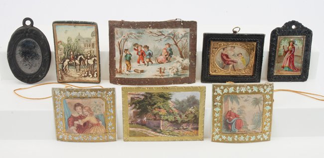 Paper & Board Framed Imagery: lithographed image on gilt wood, 3 embossed self framed paper images, early hand colored image in gilt and board frame, oval mirror in painted tin frame along with 2 other lithographed and embossed pa