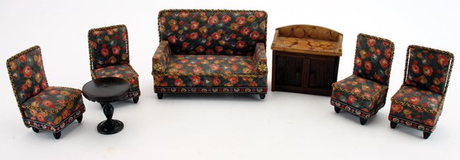 German Upholstered Parlor Suite: printed floral patterned fabric and wood sofa, 4 chairs, small turned wood table and wash stand with faux stone painted top sofa 6" w. x 4.25" t.