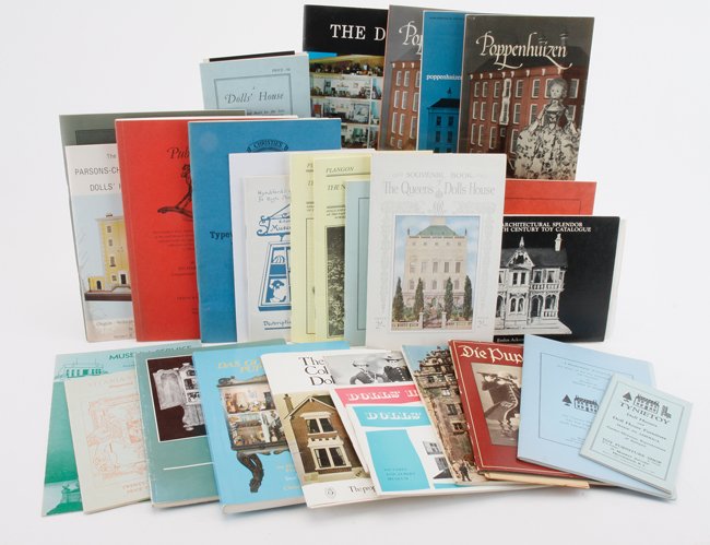 Dolls' House & Miniatures Catalogs, etc.: about 30 assorted catalogs, booklets and phamphlets relating to dolls' houses and miniatures, many with personal correspondence with Mrs. Jacobs; highlights include Victorian Architectural Splendor by