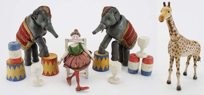 Schoenhut Circus - Elephants, Bareback Rider and Props: jointed painted wood figures - includes 2 glass eyed elephants with original blankets, a glass eyed giraffe (replaced neck piece), a bisque lady bareback rider in original clothing and a group of prop