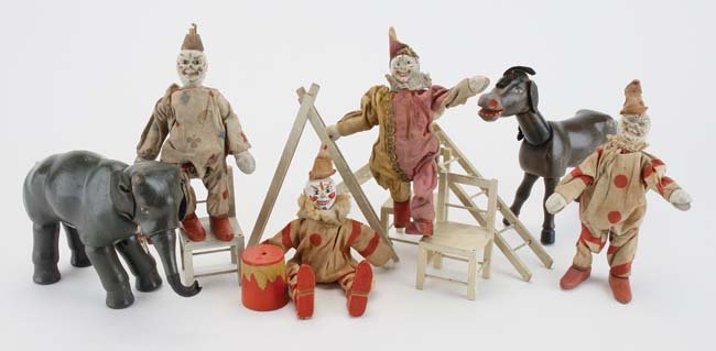 Schoenhut Animals, Clowns & Accessories: painted jointed wood figures include elephant, donkey, 4 clowns (1 needs restringing), 3 chairs, 4 ladders and drum clowns 9" t.