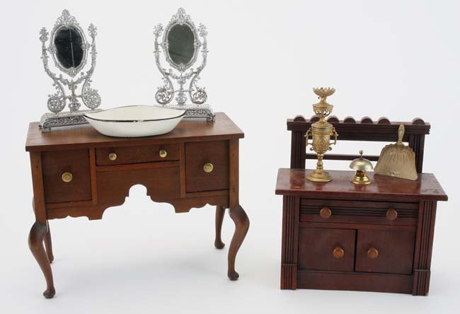 Doll Size Furniture, Schweitzer Dressing Mirrors &: appropriately sized for display with larger dolls and dolls' houses, this lot includes an early styled bureau and Queen Anne styled sideboard, 2 silver gilt soft metal dressing table mirrors, Erhard &