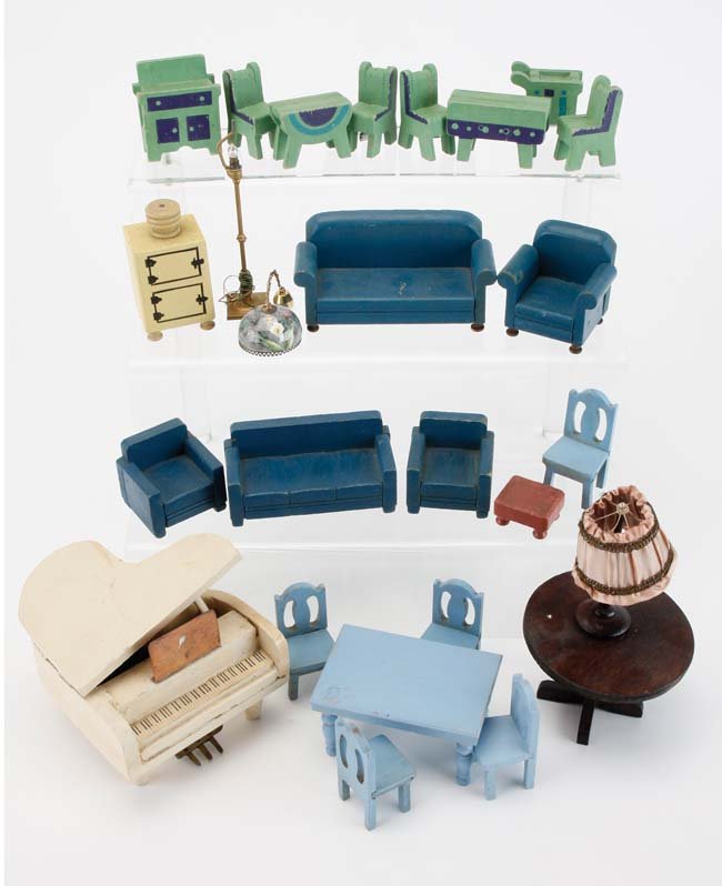 Wooden Dolls' House Furniture - Schoenhut etc.: circa 1920's -1930's, painted wood furniture grouping includes piano, sofas, tables and chairs by various makers including Schoenhut, Strombecker etc. also included are 2 electric light fixtures - pol
