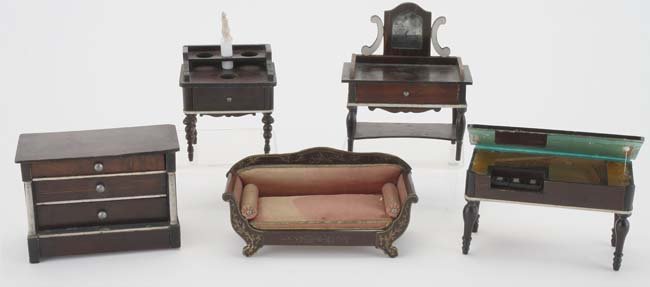Kestner Dolls' House Furniture: German, circa 1850's, stained wood grouping includes pianoforte with early reverse colored keys, chest of drawers (small sliver off front corner), dressing table with folding mirror ( drawer front glu