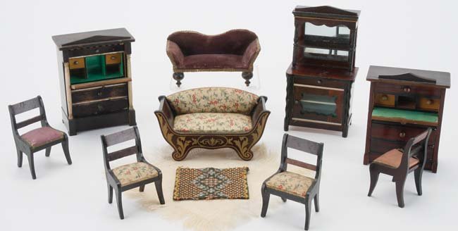 Small Scale Waltershausen Dolls' House Furniture: circa mid to later 1800's, various German makers such as Schneegass & Kestner; included are 2 settees with 4 side chairs (several replaced chair backs), 2 Biedermeier fall front desks (colonnaded piec