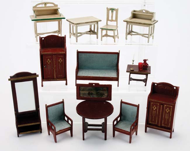Gottschalk Dolls' House Furniture: German, circa 1920's, painted pressed card and wood smaller scale furniture grouping includes sofa, 2 side chairs, hall mirror, center and occasional tables, 2 cabinets, 2 desks, kitchen table and cha