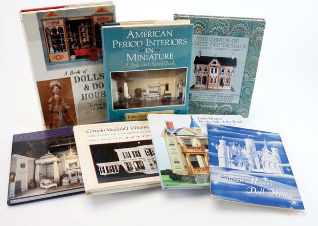 Dolls' House & Miniature Reference Books: hard back grouping includes Genius of Moritz Gottschalk by Ackerman © 1994, American Period Interiors in Miniature by Klavan © 1984, Cornelia Vanderbilt Whitneys Dollhouse by Whitney ©1975 (inscrib