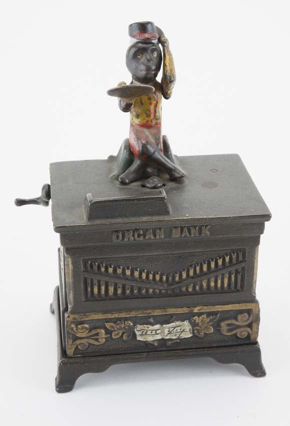 Organ Bank Medium: mechanical bank made by Kyser & Rex - brown varnish and paint, nice example 6" t.