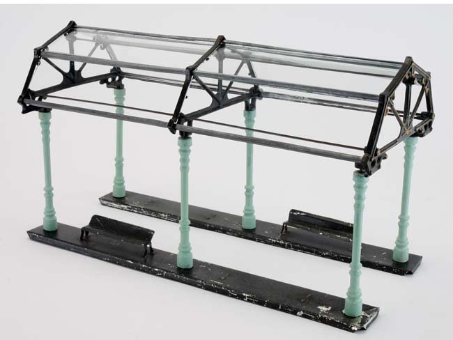 Ives 121 Glass Dome Station: later version with speckle painted base and 8 panel canopy 19" l. x 11" t.