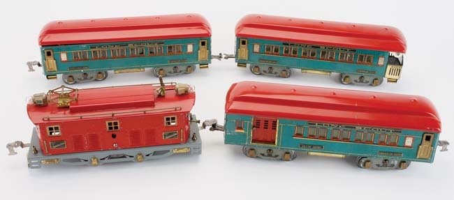 American Flyer Lone Scout Set: wide gauge electric outline 4644 engine with Club 4250, Pullman 4251 and Observation 4252 (cars retaining original paper labels on undersides) e - 12" l., cars 14" l.