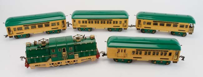 American Flyer Pocahontas Set: 0-4-0 electric outline 4637 Shasta engine indistinct rubber stamped 'Sold as Shopwo _____ Rican Flyer Mf' on underside along with 4 coaches: Club 4340, Pullman 4341, Observation 4343 and Observation 4
