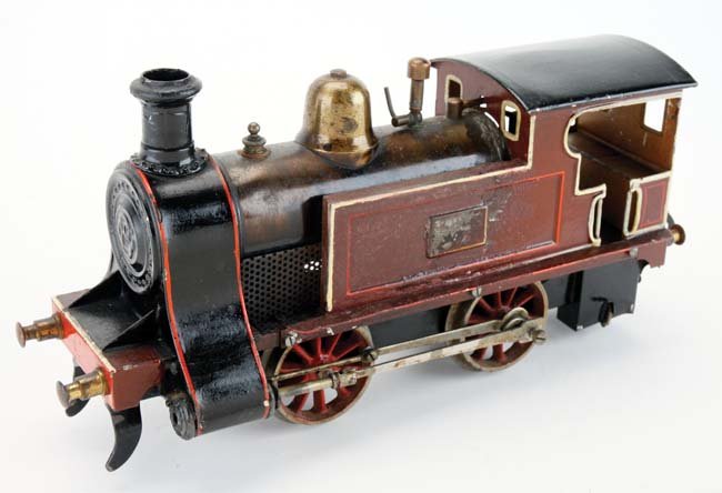 Bing Gauge I Live Steam Tank Loco: live steam English profile locomotive with integral tender, some use burn and missing drive rods on one side 11" l.
