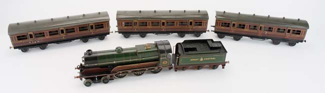 Bing Gauge I 'Sir Sam Fay' Passenger Set: painted and lithographed tin; heavy 4-6-0 clockwork locomotive No. 44 marked 'Sir Sam Fay' on wheel housing, 6 wheel 'Great Central' tender, and 3 highly detailed 'LMS' No. 2784 passenger coaches (two