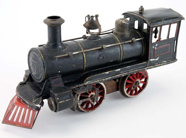 Marklin Gauge I American Profile Locomotive: enameled tin 0-4-0 with clockwork mechanism made for the American market 11" l.