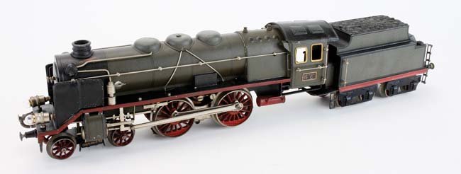 Marklin Gauge I English profile Locomotive & Tender: impressive scale 20 volt electric powered 4-4-0 locomotive #CER 66 18021 with matching 8 wheel tender, loco cab has detailed lithographed interior; both pieces have matte finish and functioning bumper