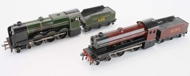 Two Bassett-Lowke Live Steam Locos: painted tin plate O gauge locomotives with tenders; 4-6-0 Southern 456 (bend to 1 front boiler shield) and Enterprise LMS maroon no. 6285 appr. 17" l. each