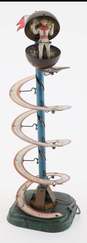 Martin Mystery Ball: painted and lithographed tin, certainly the most complex toy by the great French firm Martin, pull string to wind and the ball rolls up the spiral then reaches the top where the ball pops open and the