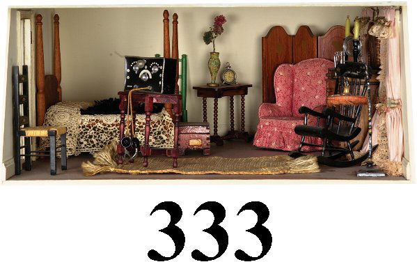 Tynietoy Radio Room: includes high post bed, spool bureau, folding screen, spool night stand, ladderback rush seat chair, German table, rocker, softmetal floor lamp, shaving set, alarm clock, treenware vase, Tynietoy rag