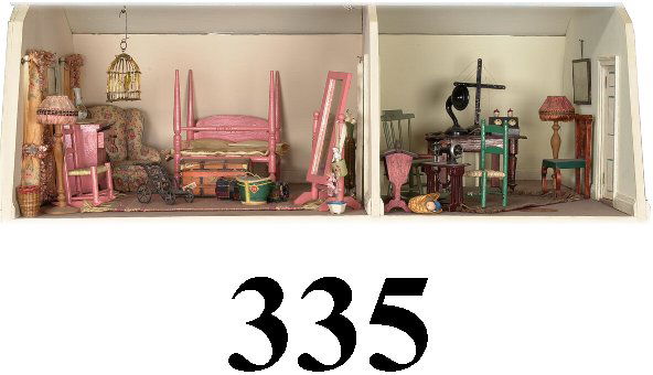 Tynietoy Rooms-Sewing and Pink Bedroom: includes German pink 4 piece bedroom suite sold by tynietoy, side chair, Chippendale side chair, 2 rag rugs, pair of American wood floor lamps, Marklin birdcage, German paper hat box, Gerlach softmeta