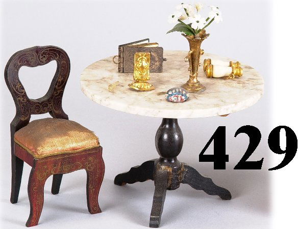 Biedermier Table & Accessories: circular marble top pedestal base Biedermier Walterhausen table with Marklin match box holder, ivory stanhope, softmetal vase with flowers, brass album, glass paperweight and Biedermier side chair wit