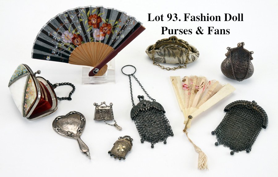 Fashion Doll Purses & Fans: antique and vintage grouping includes 2 sterling silver bags, 2 mesh bags with silver clasps, a painted shell purse with Dresden paper piping, a fabric bag with metal clasp and a sterling silver hand 
