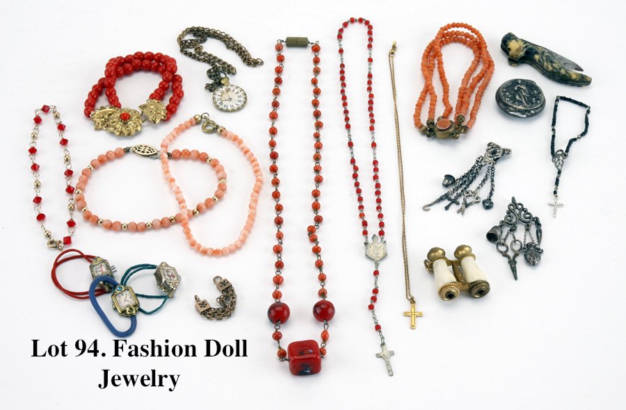 Fashion Doll Jewelry: included are 2 sterling chatelaines, tiny rosary in silver case, a larger rosary, several faux wrist watches, bone and brass binoculars (empty case) along with other bead, coral and silver pieces as p