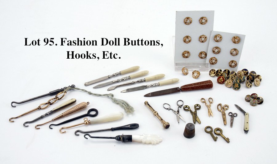 Fashion Doll Buttons, Hooks, Etc.: included are 8 mother of pearl, silver and metal button hooks, 5 miniature scissors and thimble, jeweled lead holder, bone handled manicure set, pocket knife and stone handled file along with several 