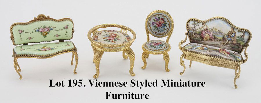 Viennese Styled Miniature Furniture: gilt metal petit point chair and table along with 2 elaborate enameled settees in brass frames (floral patterned one appears to be missing arms, but still presents very well ) larger settee 3.25" w.